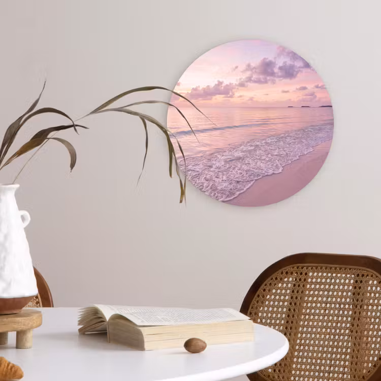 Strand - Zonsondergang - Natuur - Minimalistisch - Roze Wandcirkel kunststof plaat 5mm dik klein -sfeer4