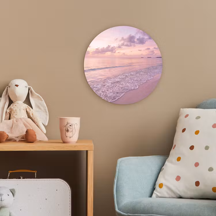 Strand - Zonsondergang - Natuur - Minimalistisch - Roze Wandcirkel kunststof plaat 5mm dik klein -tsfeer1_kind