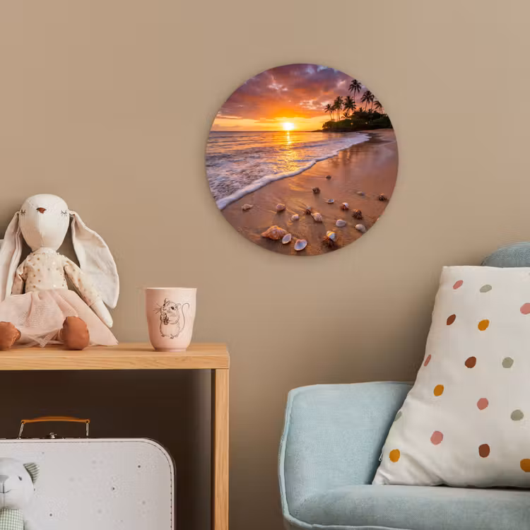 Strand - Zonsondergang - Palmbomen - Natuur - Oranje Wandcirkel kunststof plaat 5mm dik klein -tsfeer1_kind
