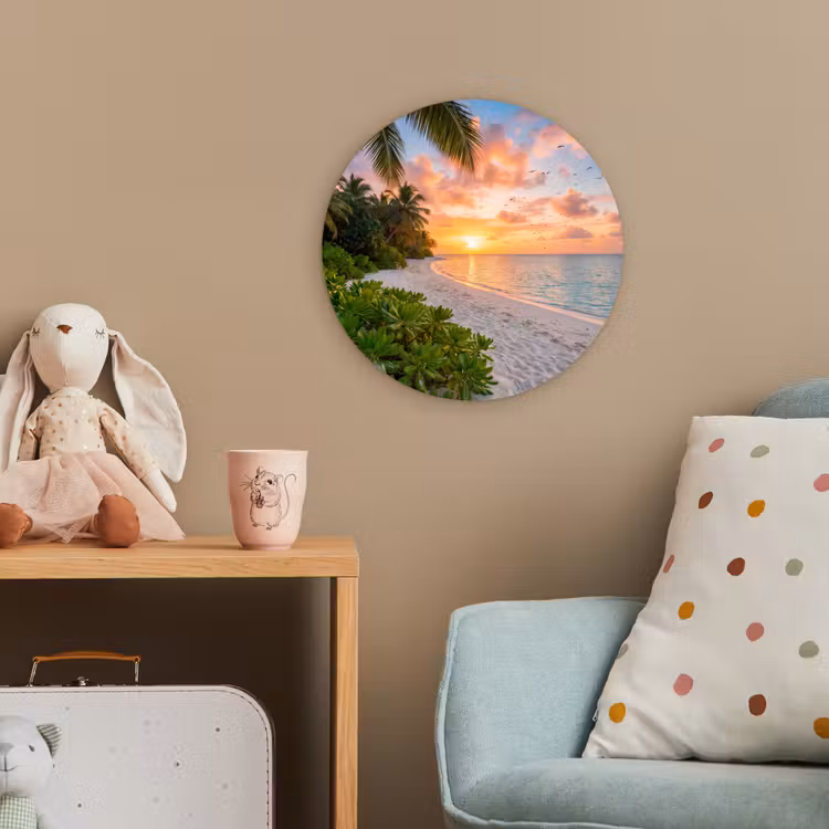 Strand - Zonsondergang - Palmbomen - Tropisch - Natuur Wandcirkel kunststof plaat 5mm dik klein -tsfeer1_kind
