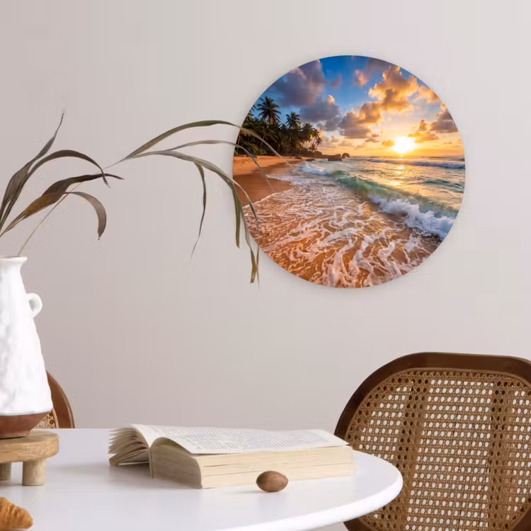 Strand - Zonsondergang - Golven - Natuur - Goud Wandcirkel kunststof plaat 5mm dik klein -sfeer4