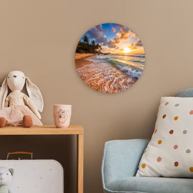 Strand - Zonsondergang - Golven - Natuur - Goud Wandcirkel kunststof plaat 5mm dik klein -tsfeer1_kind