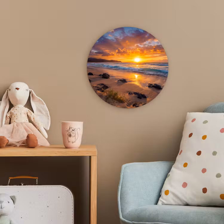 Strand - Zonsondergang - Golven - Natuur - Oranje Wandcirkel kunststof plaat 5mm dik klein -tsfeer1_kind