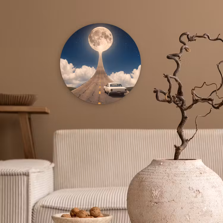 Forexbild Rund - Straße – Mond – Nacht - Weg - Maan - Nacht Wandcirkel kunststof plaat 5mm dik klein