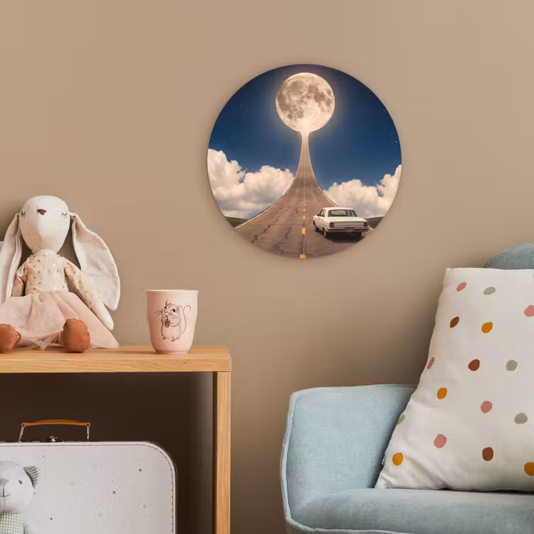 Forexbild Rund - Straße – Mond – Nacht - Weg - Maan - Nacht Wandcirkel kunststof plaat 5mm dik klein