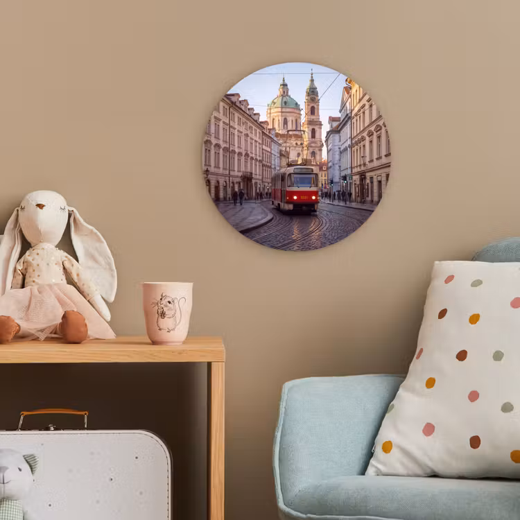 Tram - Straat - Stadsgezicht - Klassiek - Rood Wandcirkel kunststof plaat 5mm dik klein -tsfeer1_kind