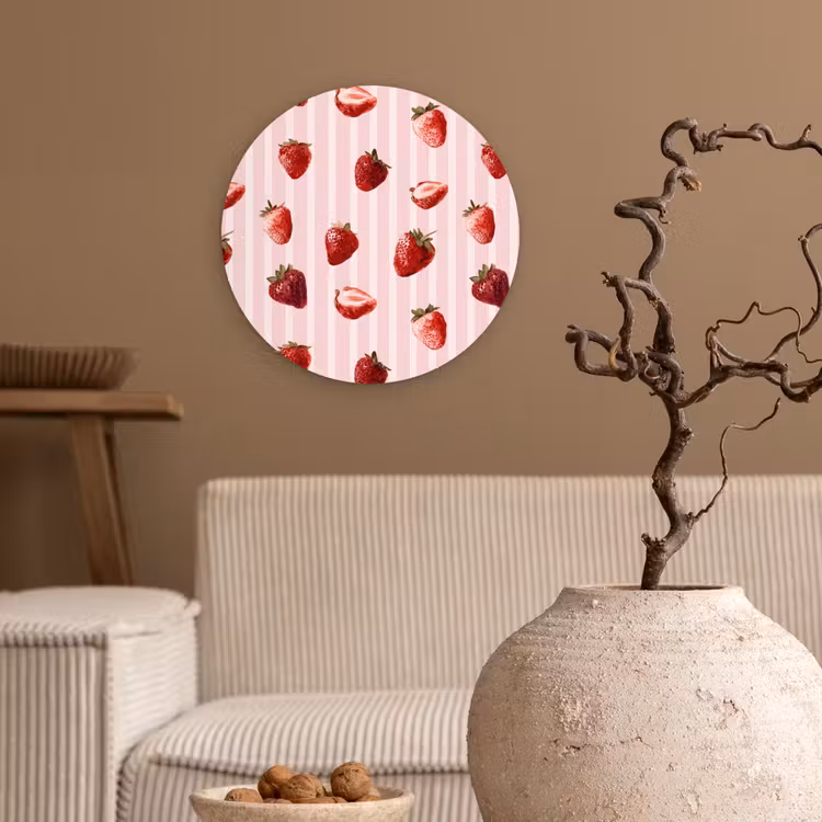 Strepen - Aardbei - Roze Wandcirkel kunststof plaat 5mm dik klein 188 -sfeer1