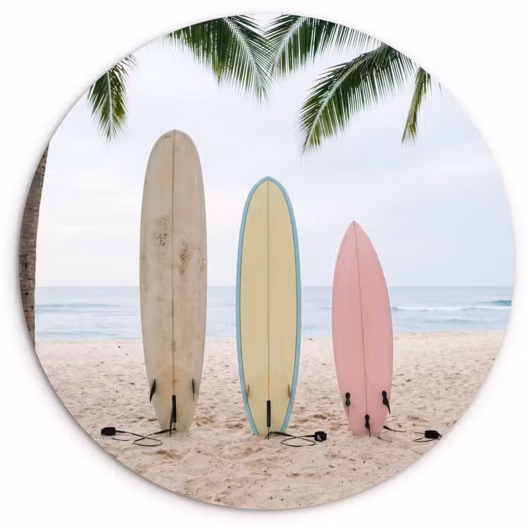 Surfboard - Palmbomen - Kleurrijk Wandcirkel kunststof plaat 5mm dik klein -3d