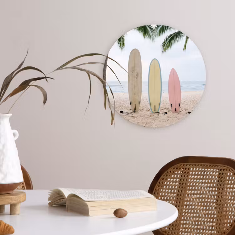 Surfboard - Palmbomen - Kleurrijk Wandcirkel kunststof plaat 5mm dik klein -sfeer4