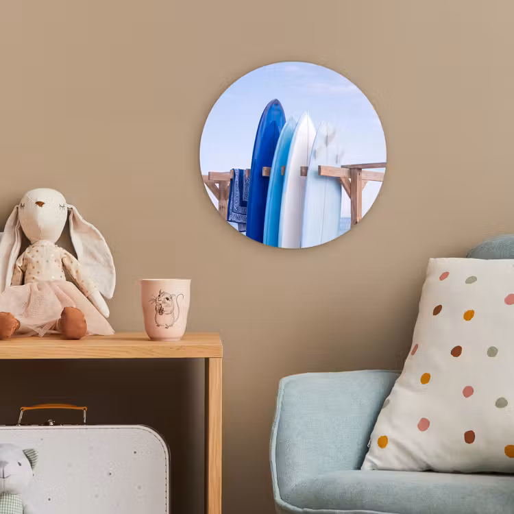 Surfplank - Strand - Zomer - Blauw - Water Wandcirkel kunststof plaat 5mm dik klein -tsfeer1_kind
