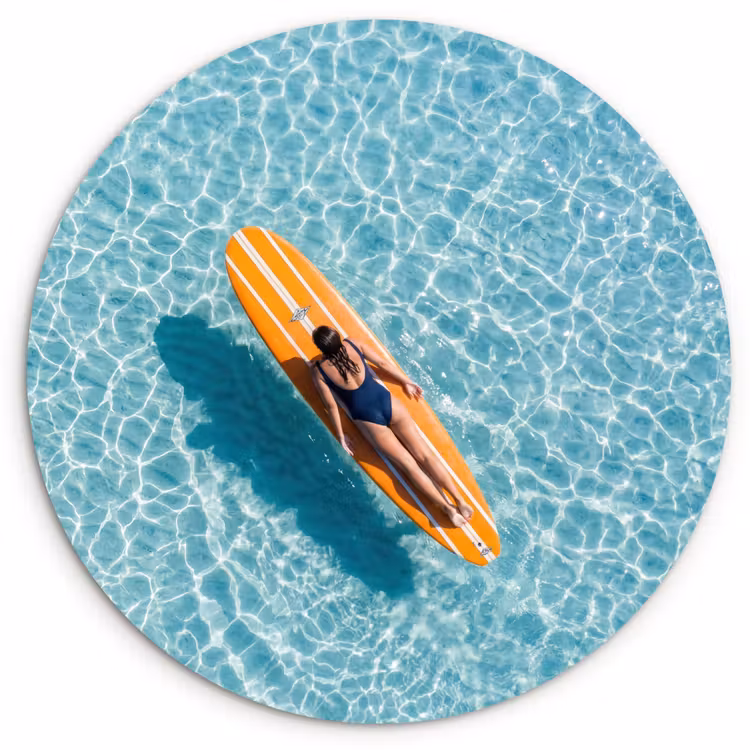 Surfboard - Water - Badpak - Oranje Wandcirkel kunststof plaat 5mm dik klein -3d