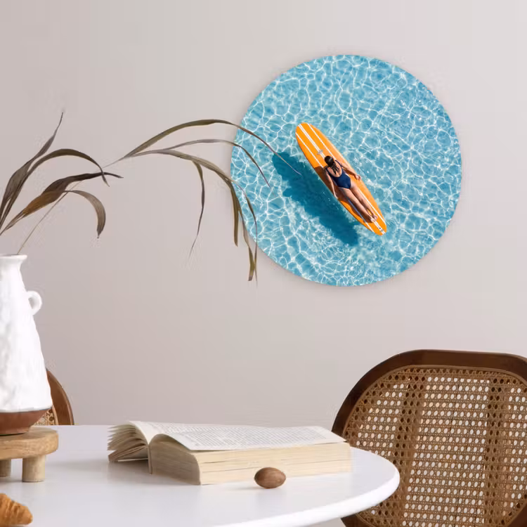 Surfboard - Water - Badpak - Oranje Wandcirkel kunststof plaat 5mm dik klein -sfeer4