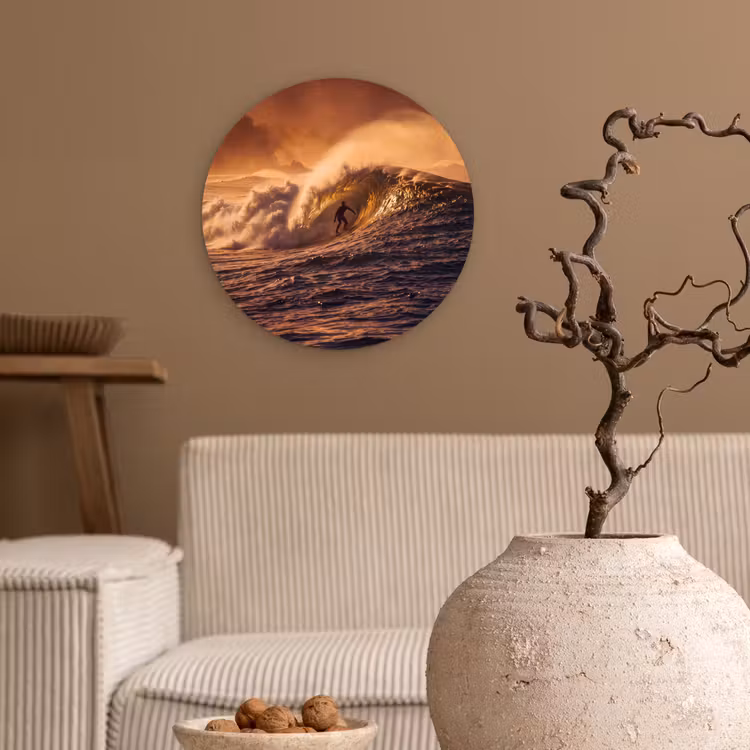 Surfer - Golf - Oceaan - Sport - Oranje Wandcirkel kunststof plaat 5mm dik klein -sfeer1