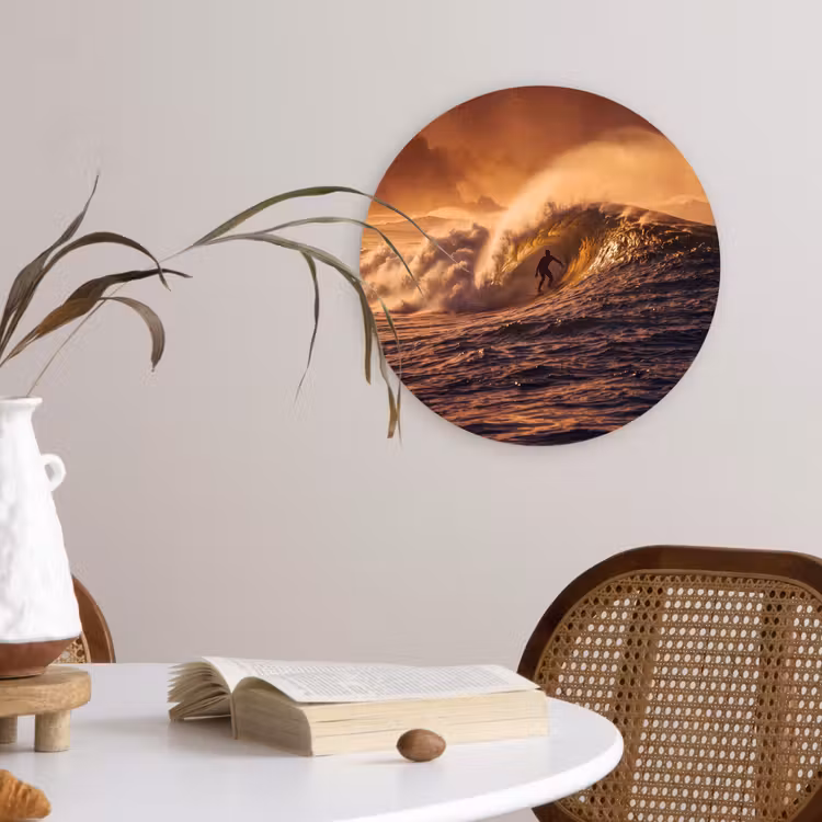 Surfer - Golf - Oceaan - Sport - Oranje Wandcirkel kunststof plaat 5mm dik klein -sfeer4