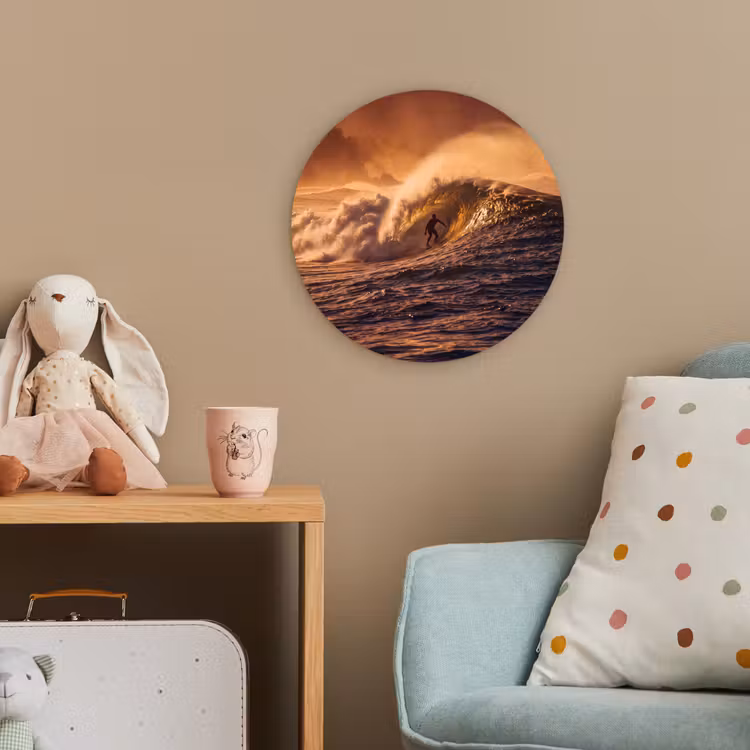 Surfer - Golf - Oceaan - Sport - Oranje Wandcirkel kunststof plaat 5mm dik klein -tsfeer1_kind