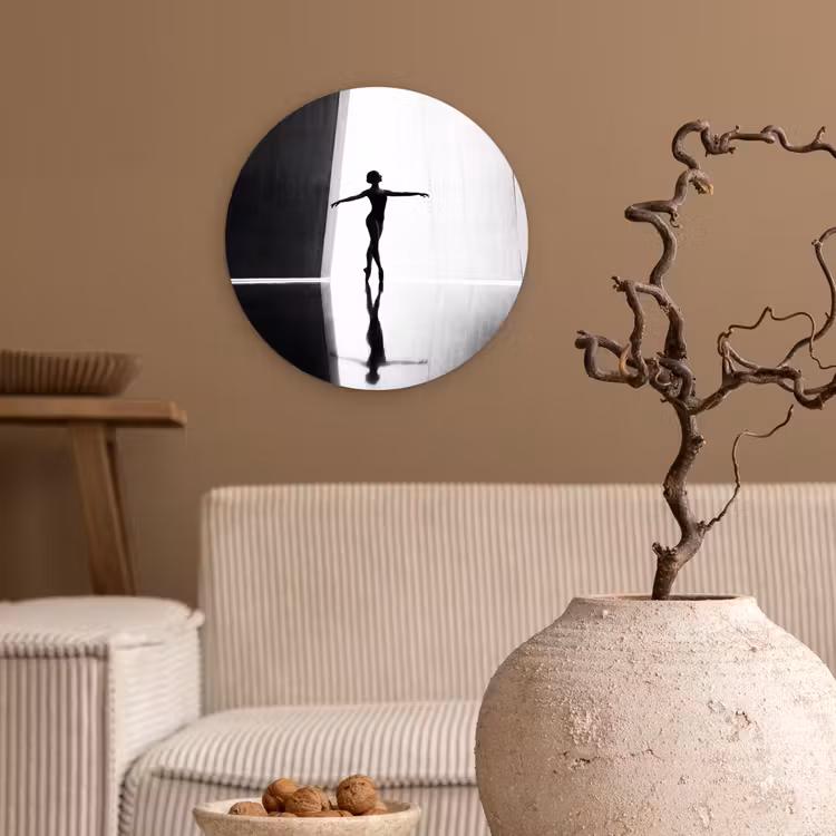 Danser - Silhouette - Kunst - Modern - Zwart-wit Wandcirkel kunststof plaat 5mm dik klein -sfeer1