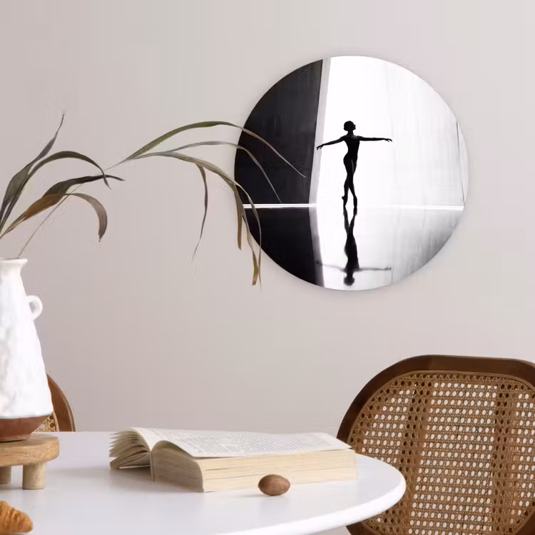 Danser - Silhouette - Kunst - Modern - Zwart-wit Wandcirkel kunststof plaat 5mm dik klein -sfeer4