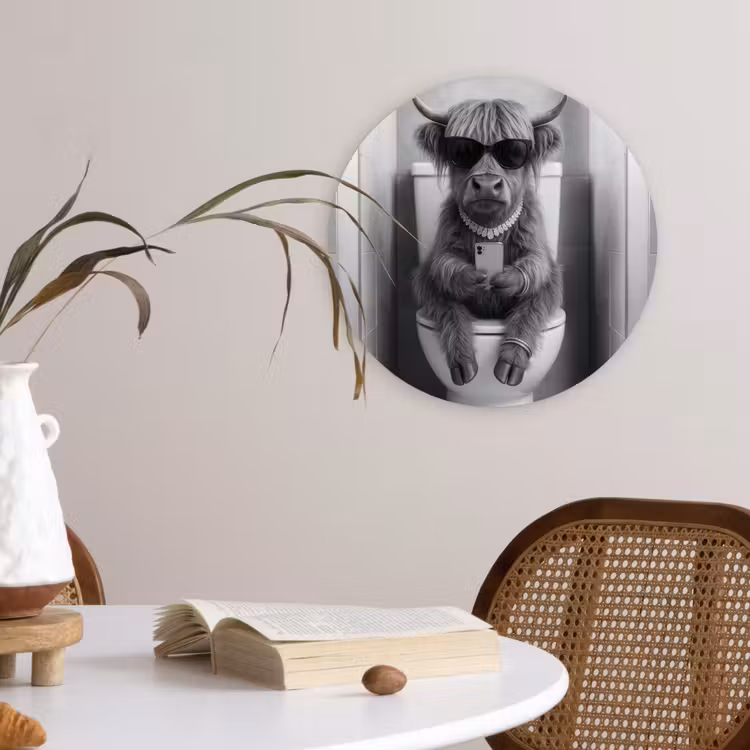 Stier - Telefoon - Toilet - Zwart - Wit Wandcirkel kunststof plaat 5mm dik klein -sfeer4