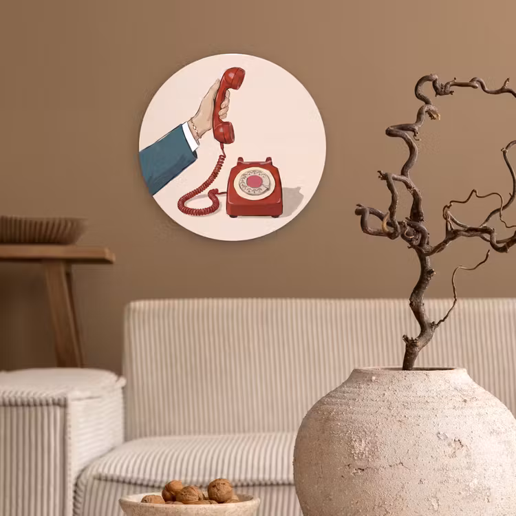 Telefoon - Hand - Vintage - Communicatie - Rood Wandcirkel kunststof plaat 5mm dik klein -sfeer1