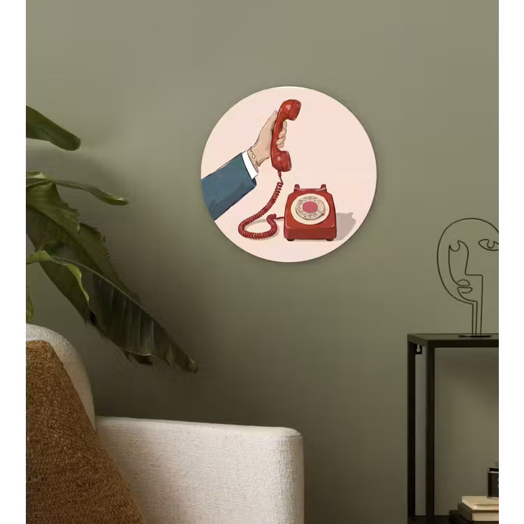 Telefoon - Hand - Vintage - Communicatie - Rood Wandcirkel kunststof plaat 5mm dik klein -sfeer3