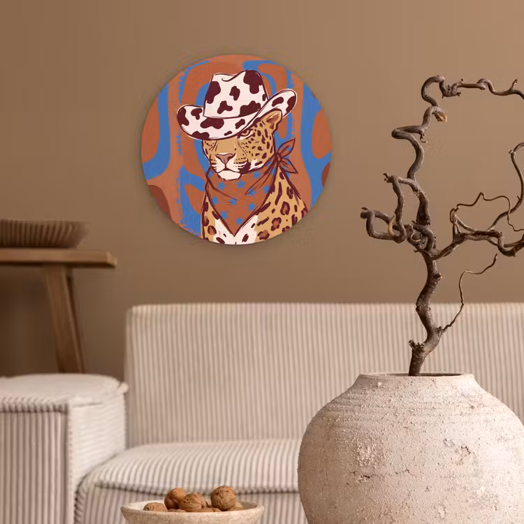 Dieren - Cowboyhoed - Modern - Illustratie - Bruin Wandcirkel kunststof plaat 5mm dik klein -sfeer1