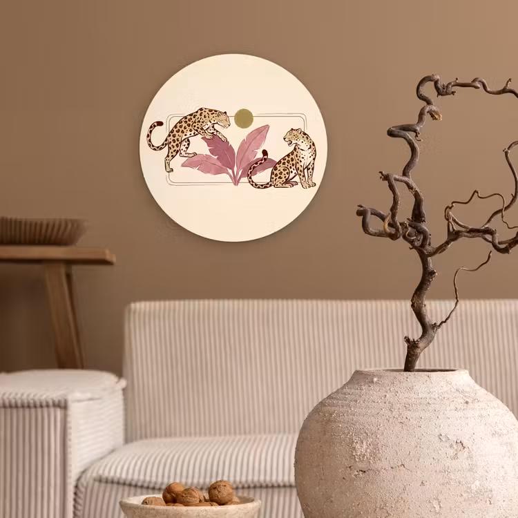 Dieren - Kat - Jungle - Illustratie - Beige Wandcirkel kunststof plaat 5mm dik klein -sfeer1