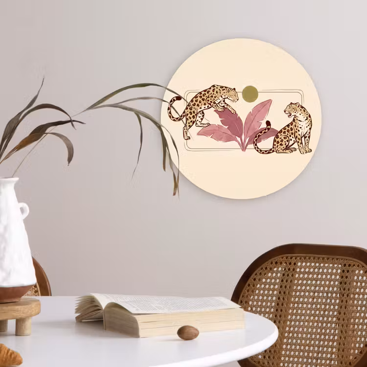 Dieren - Kat - Jungle - Illustratie - Beige Wandcirkel kunststof plaat 5mm dik klein -sfeer4