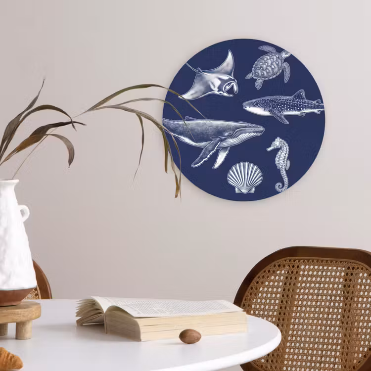 Dieren - Zeeleven - Oceaan - Graveren - Blauw Wandcirkel kunststof plaat 5mm dik klein -sfeer4