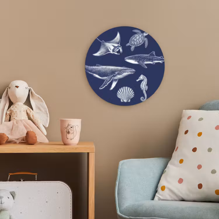 Dieren - Zeeleven - Oceaan - Graveren - Blauw Wandcirkel kunststof plaat 5mm dik klein -tsfeer1_kind