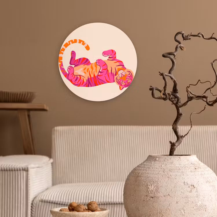 Tijger - Roze - Oranje Wandcirkel kunststof plaat 5mm dik klein -sfeer1