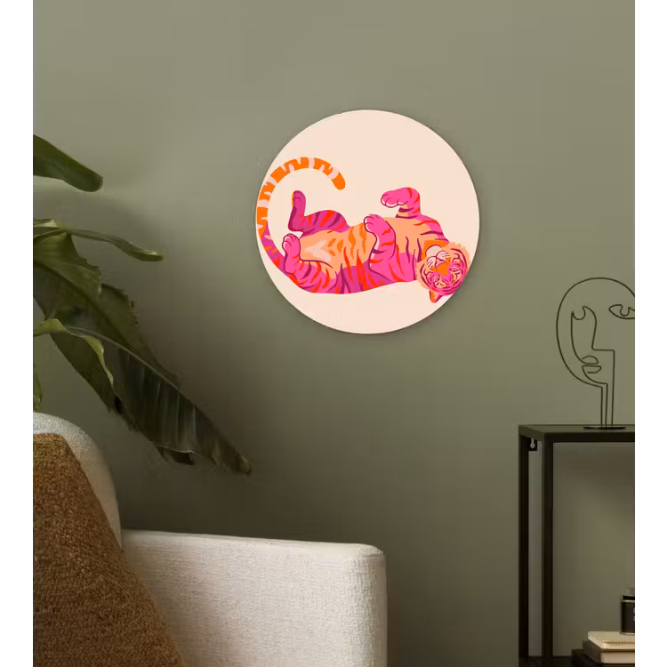 Tijger - Roze - Oranje Wandcirkel kunststof plaat 5mm dik klein -sfeer3