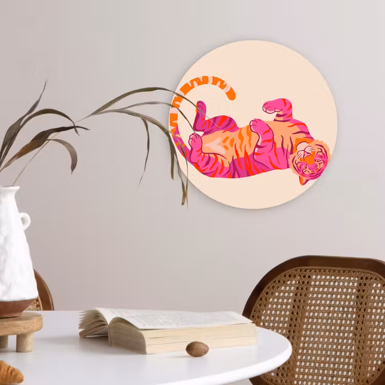 Tijger - Roze - Oranje Wandcirkel kunststof plaat 5mm dik klein -sfeer4