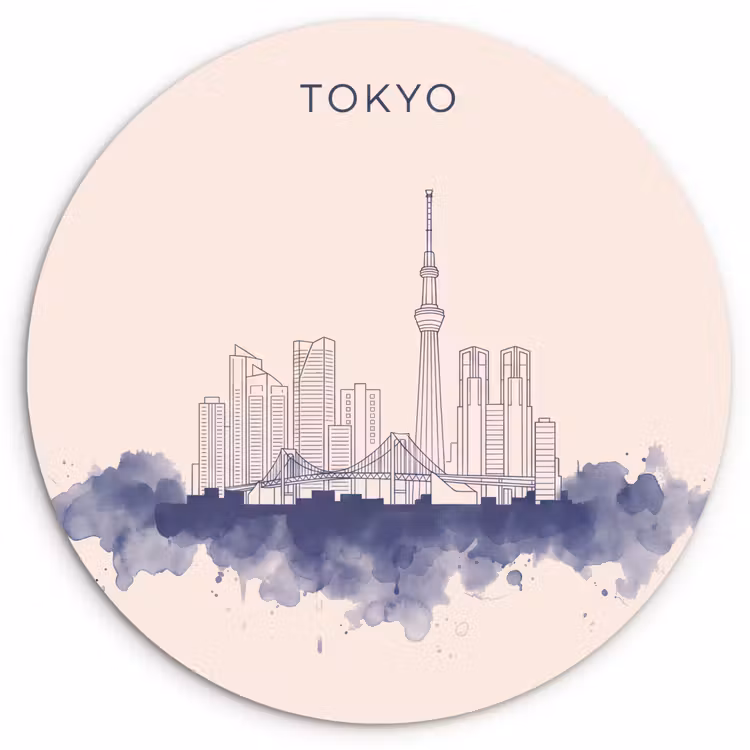 Tokyo - Skyline - Stad - Abstract - Blauw Wandcirkel kunststof plaat 5mm dik klein -3d