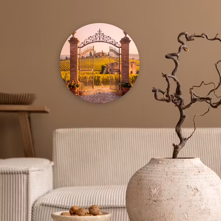 Poort - Landschap - Platteland - Zonlicht - Warm Wandcirkel kunststof plaat 5mm dik klein -sfeer1