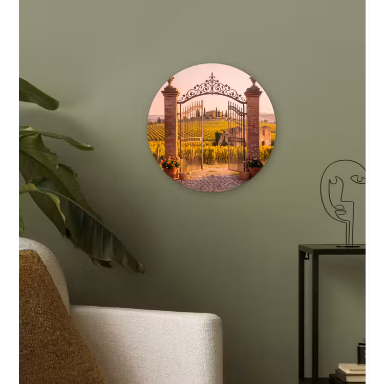 Poort - Landschap - Platteland - Zonlicht - Warm Wandcirkel kunststof plaat 5mm dik klein -sfeer3