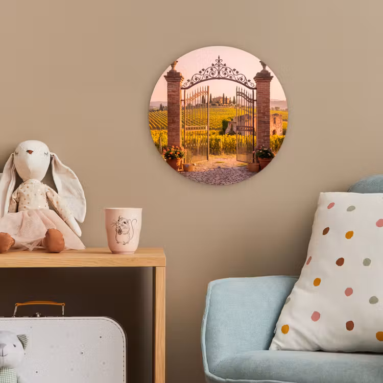 Poort - Landschap - Platteland - Zonlicht - Warm Wandcirkel kunststof plaat 5mm dik klein -tsfeer1_kind