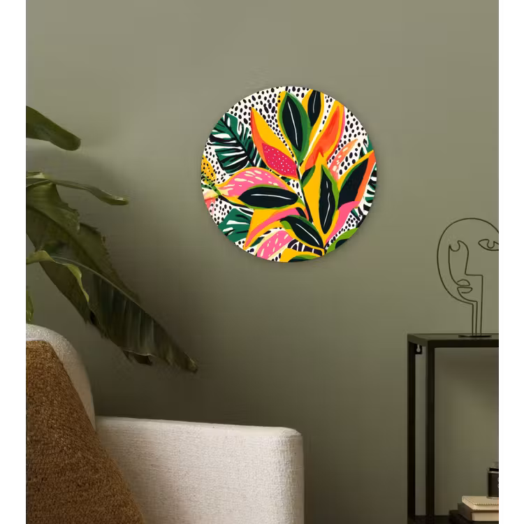 Tropisch - Bladeren - Zwart - wit Wandcirkel kunststof plaat 5mm dik klein -sfeer3