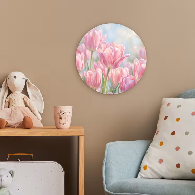 Tulpen - Veld - Lente - Roze Wandcirkel kunststof plaat 5mm dik klein -tsfeer1_kind