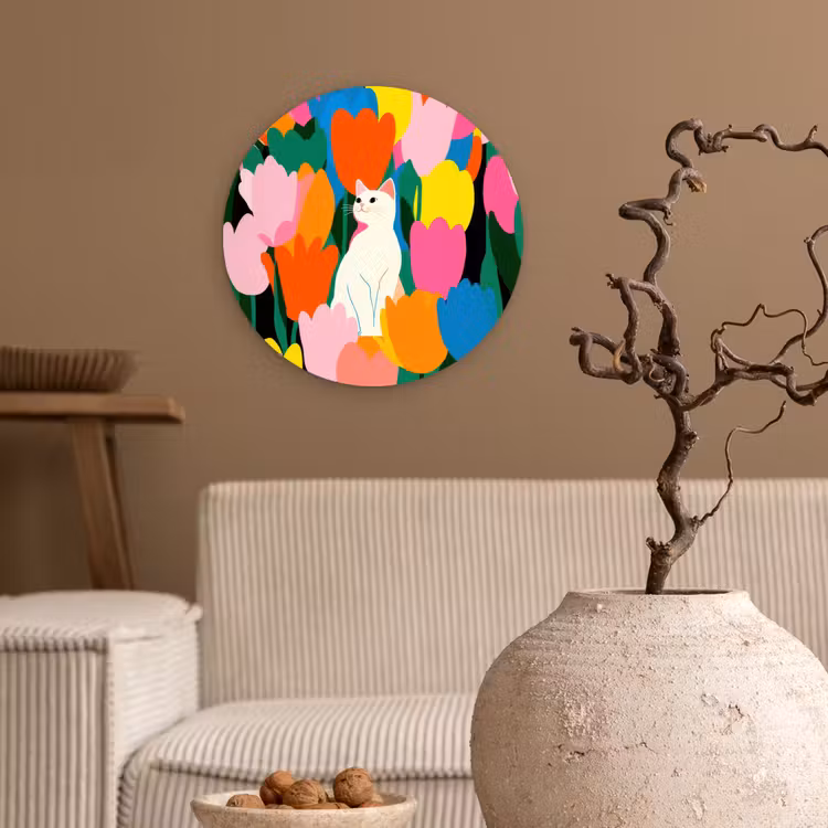 Tulpen - Kat - Kleurrijk Wandcirkel kunststof plaat 5mm dik klein -sfeer1