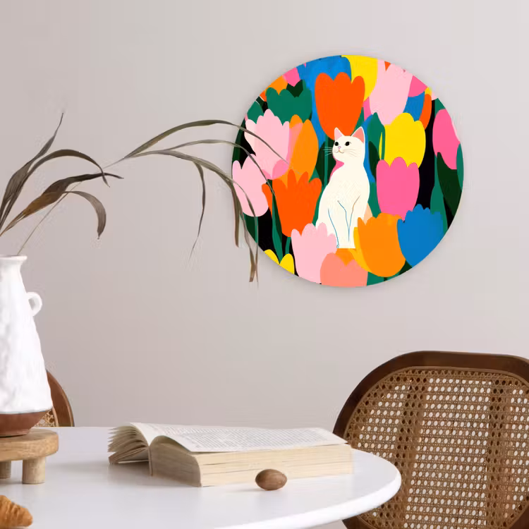 Tulpen - Kat - Kleurrijk Wandcirkel kunststof plaat 5mm dik klein -sfeer4