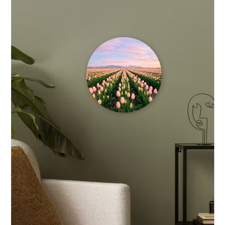 Tulpen - Landschap - Roze Wandcirkel kunststof plaat 5mm dik klein -sfeer3