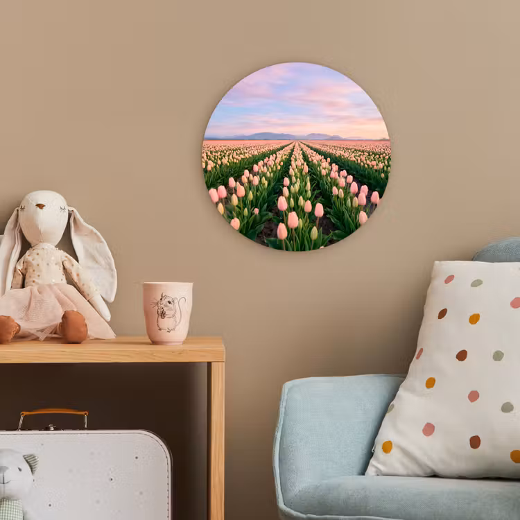 Tulpen - Landschap - Roze Wandcirkel kunststof plaat 5mm dik klein -tsfeer1_kind
