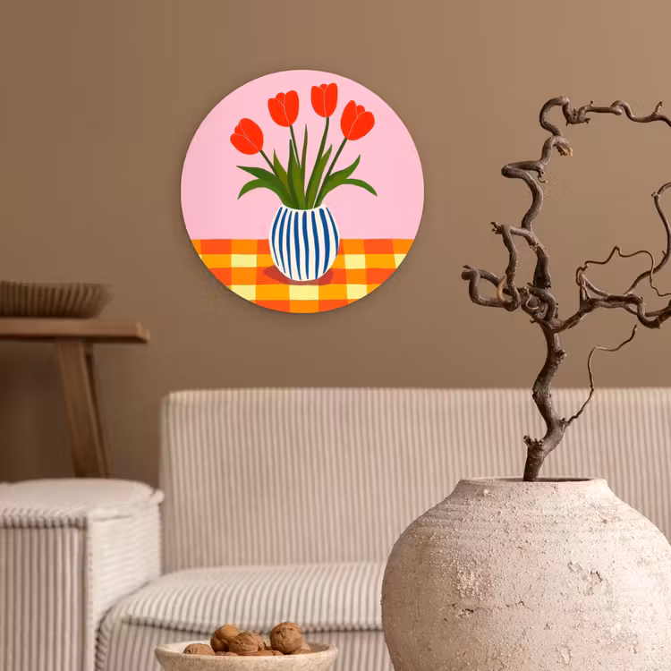 Tulpen - Roze - Vaas Wandcirkel kunststof plaat 5mm dik klein -sfeer1