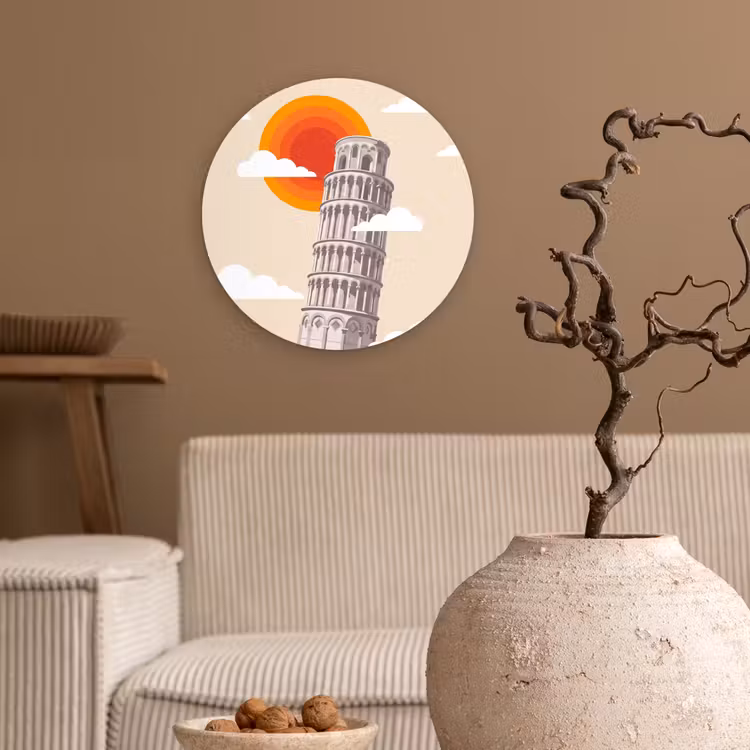 Toren - Pisa - Architectuur - Minimalistisch - Beige Wandcirkel kunststof plaat 5mm dik klein -sfeer1