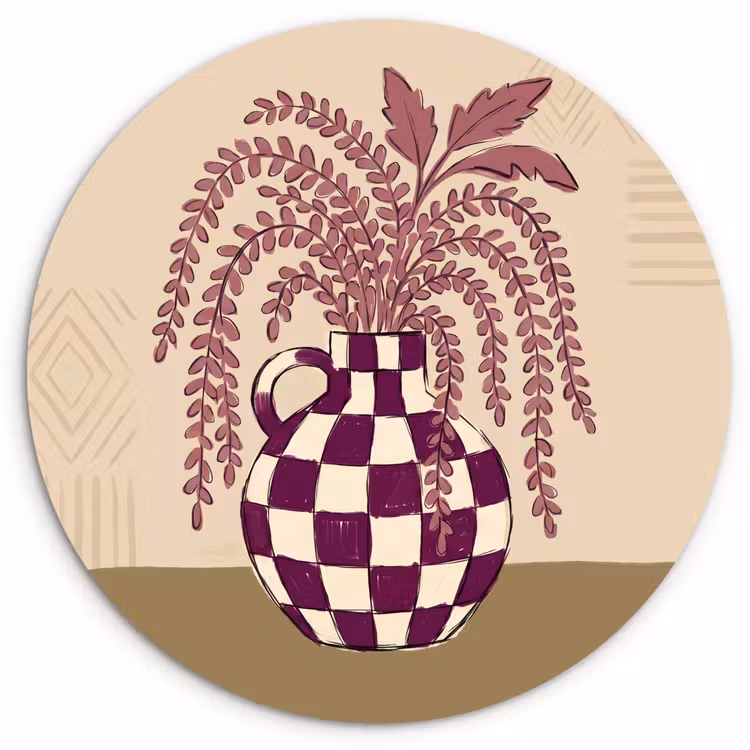 Vaas - Geruit - Planten - Modern - Paars Wandcirkel kunststof plaat 5mm dik klein -3d