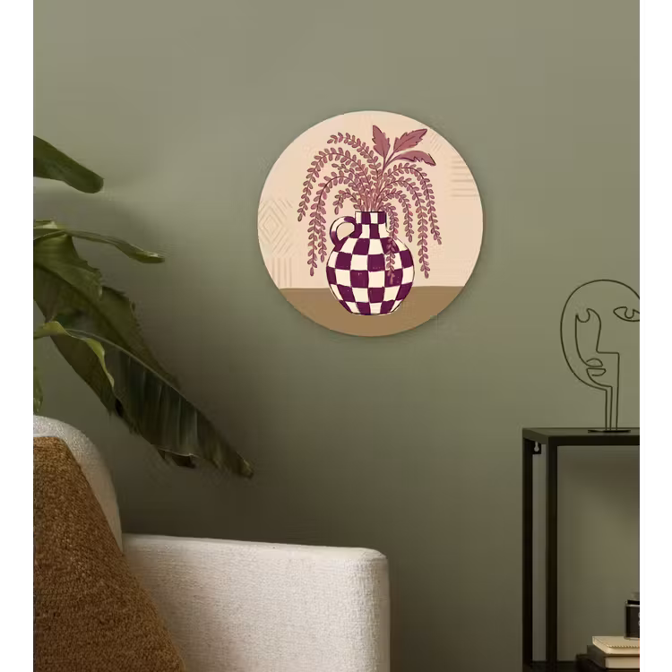 Vaas - Geruit - Planten - Modern - Paars Wandcirkel kunststof plaat 5mm dik klein -sfeer3