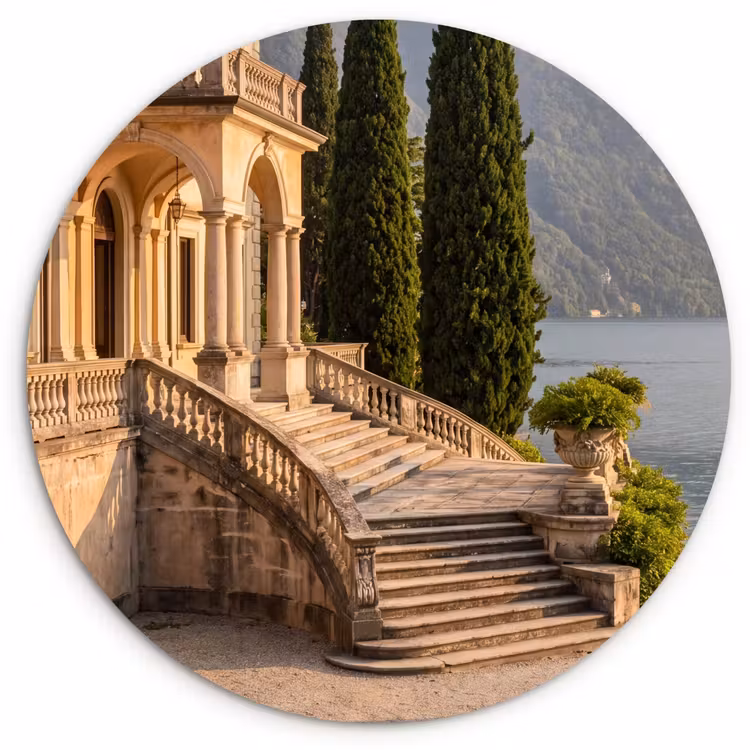 Forexbild Rund - Villa – Wasser – Treppen - Villa - water -trappen Wandcirkel kunststof plaat 5mm dik klein
