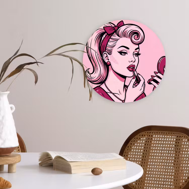 Vintage - Vrouw - Roze Wandcirkel kunststof plaat 5mm dik klein -sfeer4