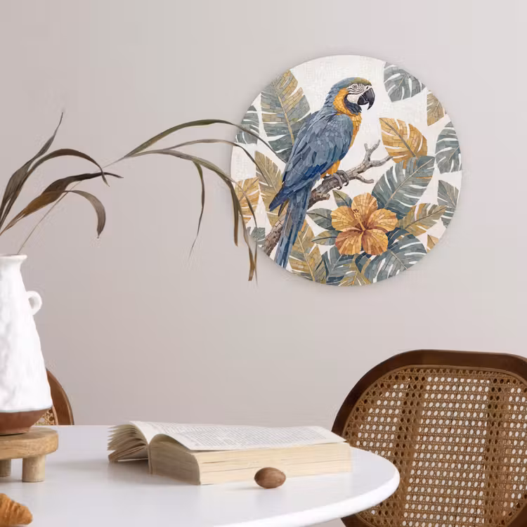 Vogel - Tak - Natuur - Mozaïek - Blauw Wandcirkel kunststof plaat 5mm dik klein -sfeer4