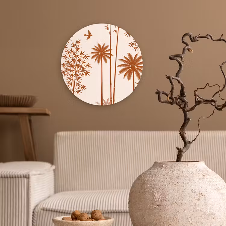 Vogel - Boom - Tropisch - Minimalistisch - Bruin Wandcirkel kunststof plaat 5mm dik klein -sfeer1